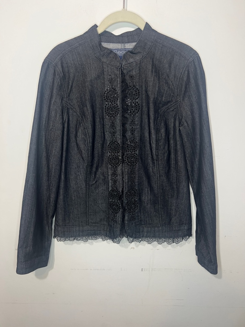 Y2K Baccini Black Denim Embellished Lace Mandarin Collar Jacket Medium